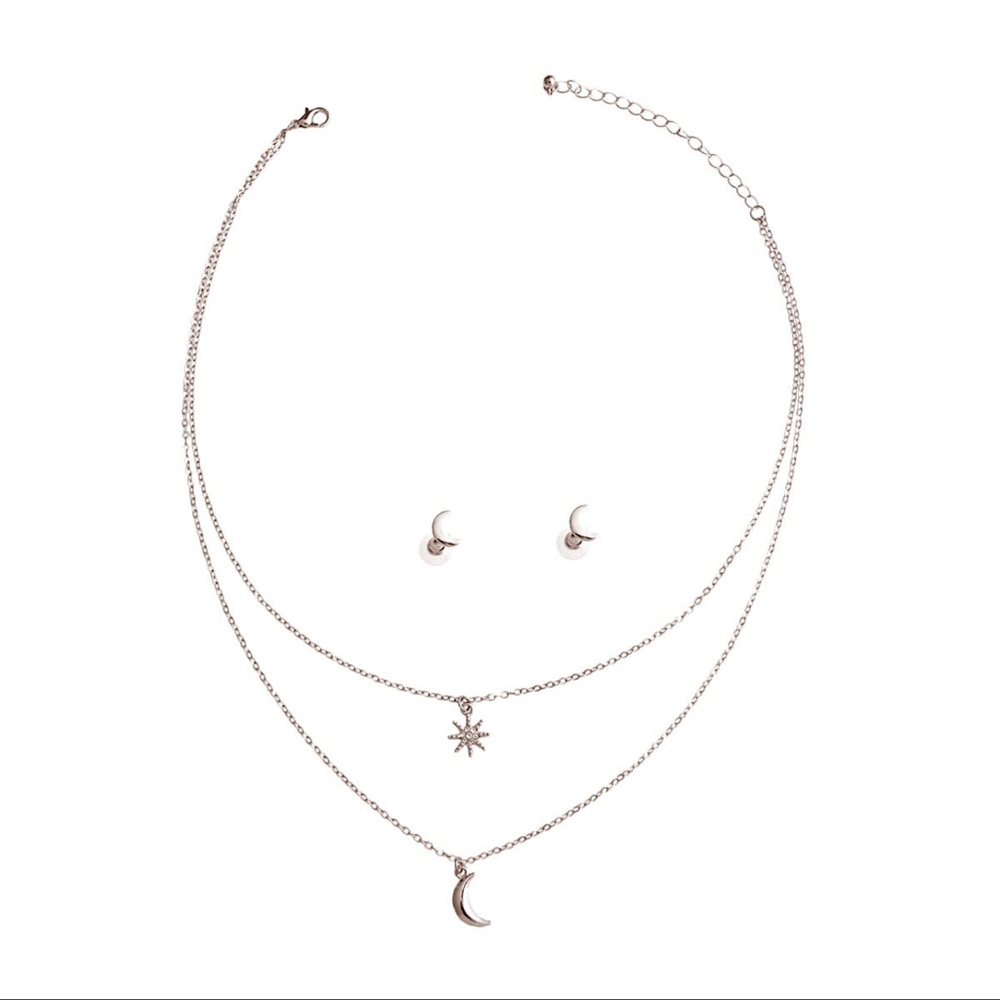 Crescent Moon Layer Necklace Set-Silver